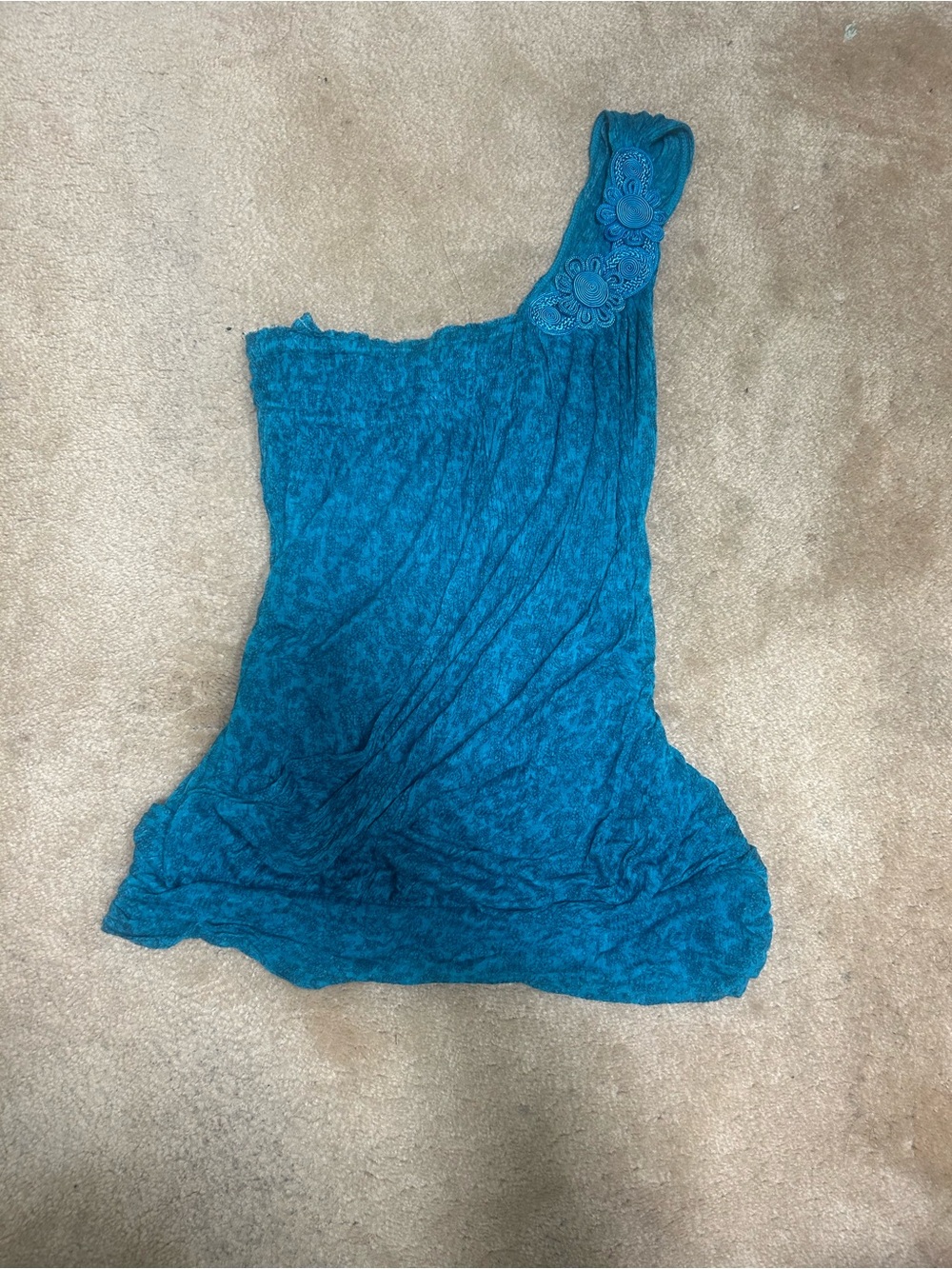 Vintage Teal One-Shoulder Top with Floral Strap